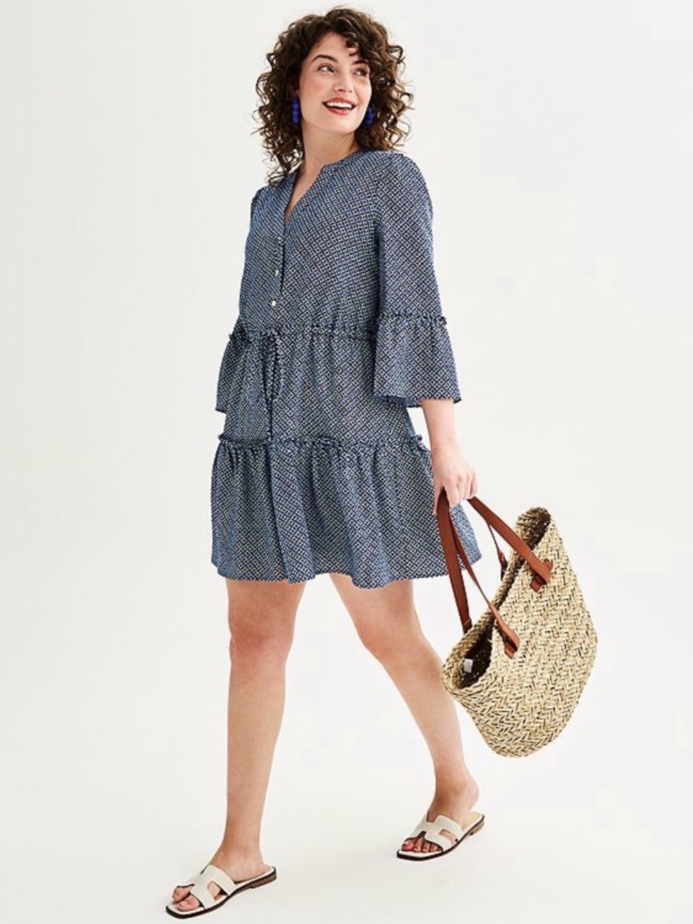 Draper James Navy Printed Tiered  Dress